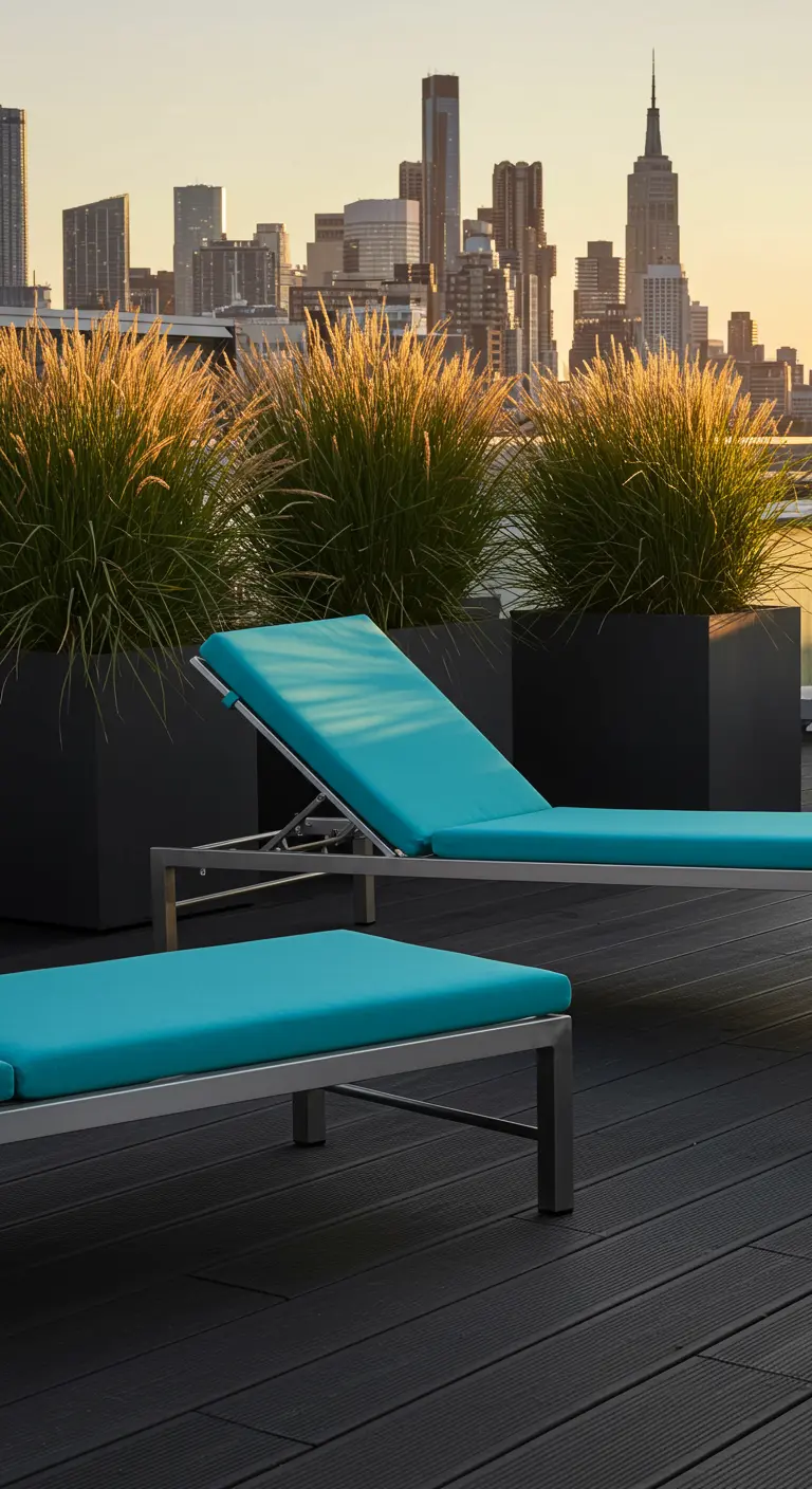 Turquoise chaise lounges on a city rooftop deck with grasses in black planters at sunset.