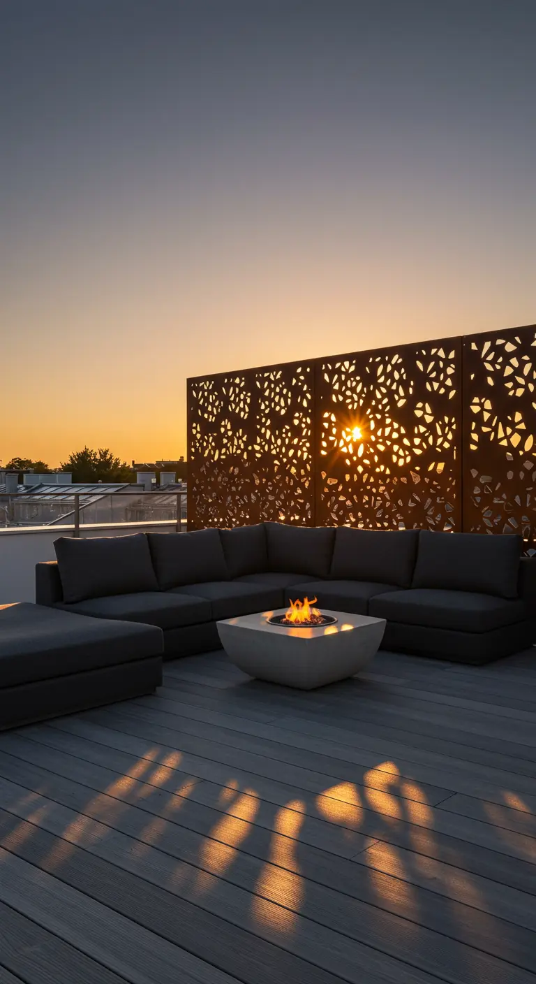 A laser-cut Corten steel screen on a rooftop terrace at sunset.