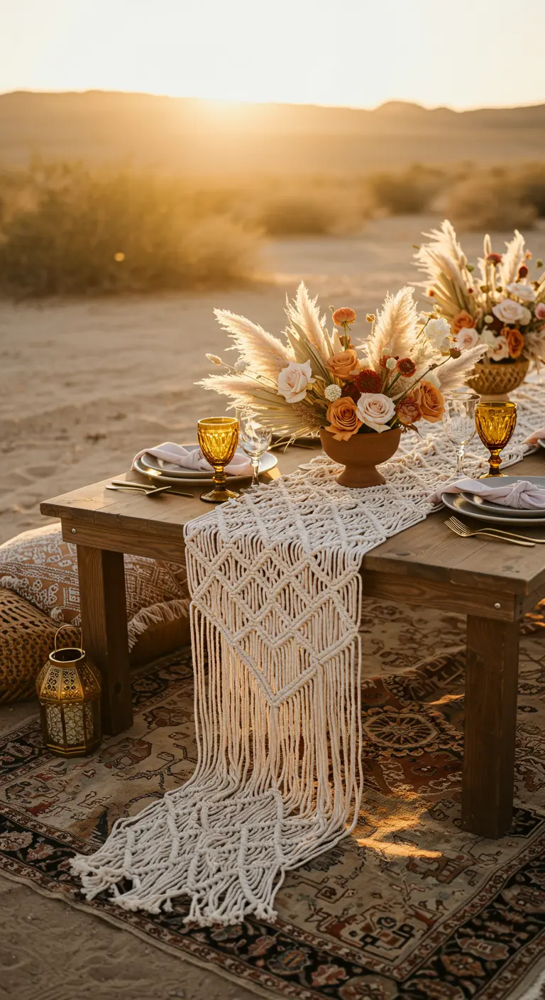 Boho picnic table in the desert at sunset with macramé runner and pampas grass centerpiece.