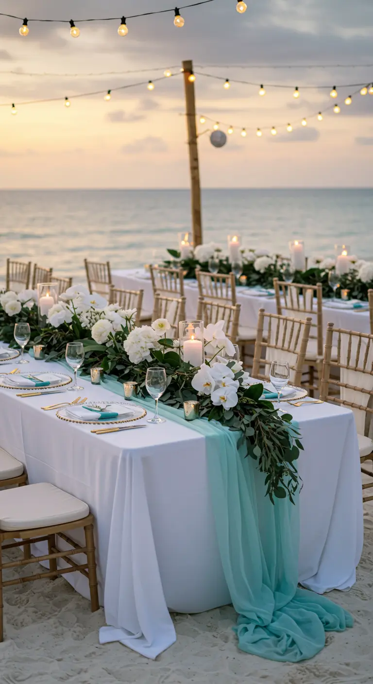 Beach wedding table with seafoam green runner and white flowers at sunset.