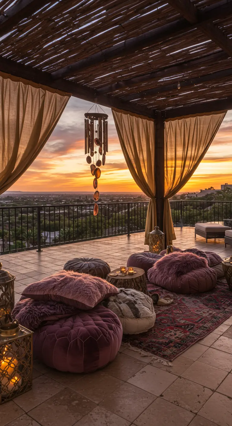 Boho terrace with velvet poufs, a pergola, and an agate wind chime at sunset.