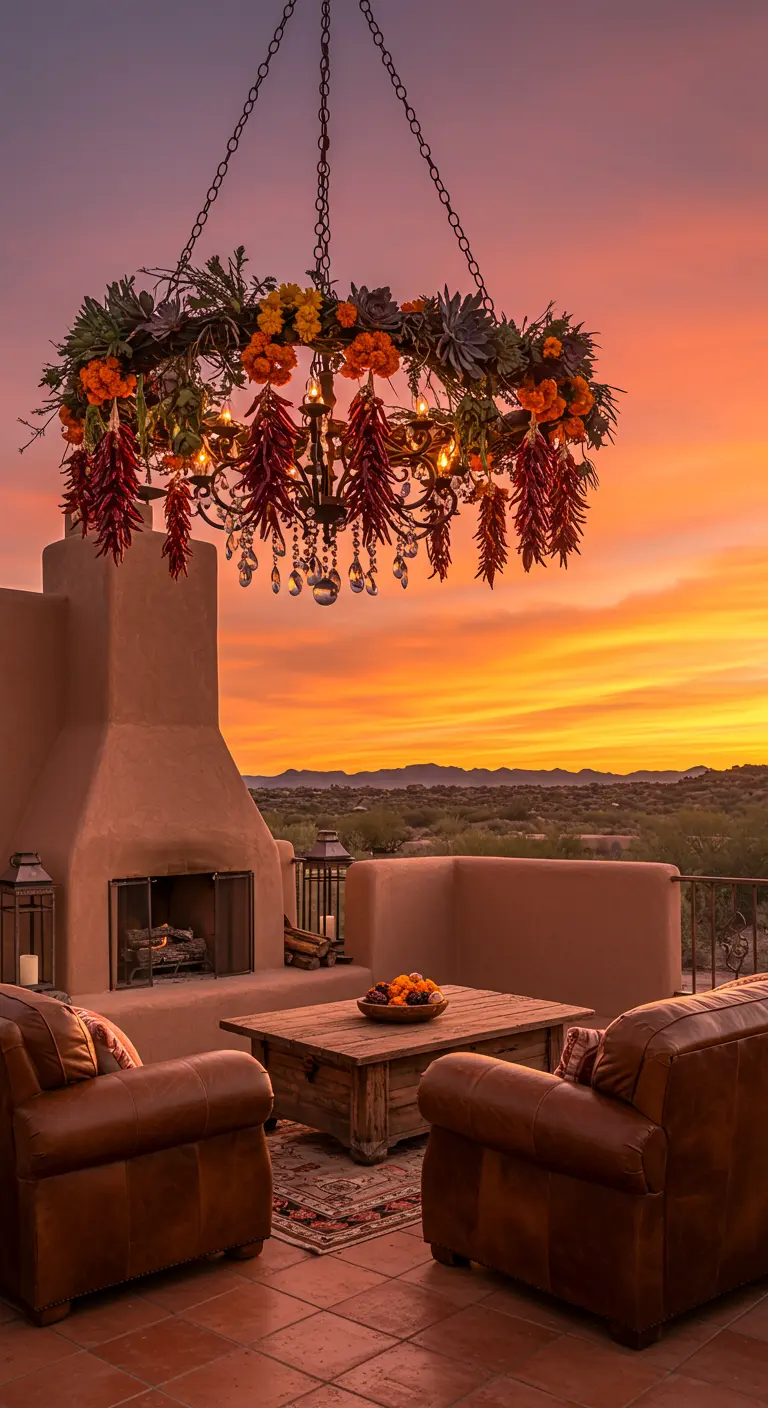 A rustic chandelier with succulents and hanging red chili peppers on a desert patio.