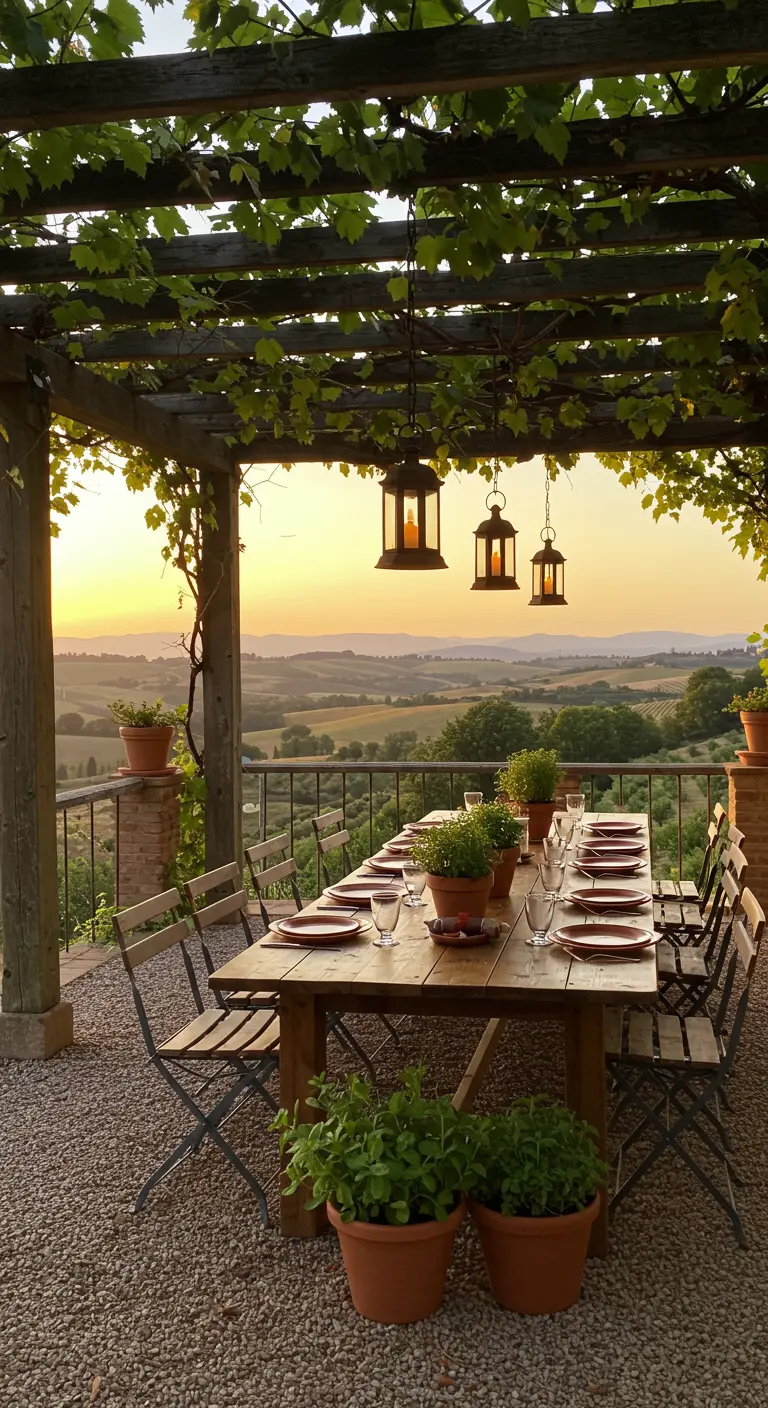 A rustic table on a gravel patio under a pergola with hanging lanterns at sunset.