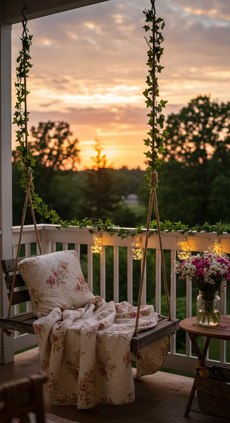 A wooden porch swing decorated with ivy and lights, overlooking a beautiful sunset.