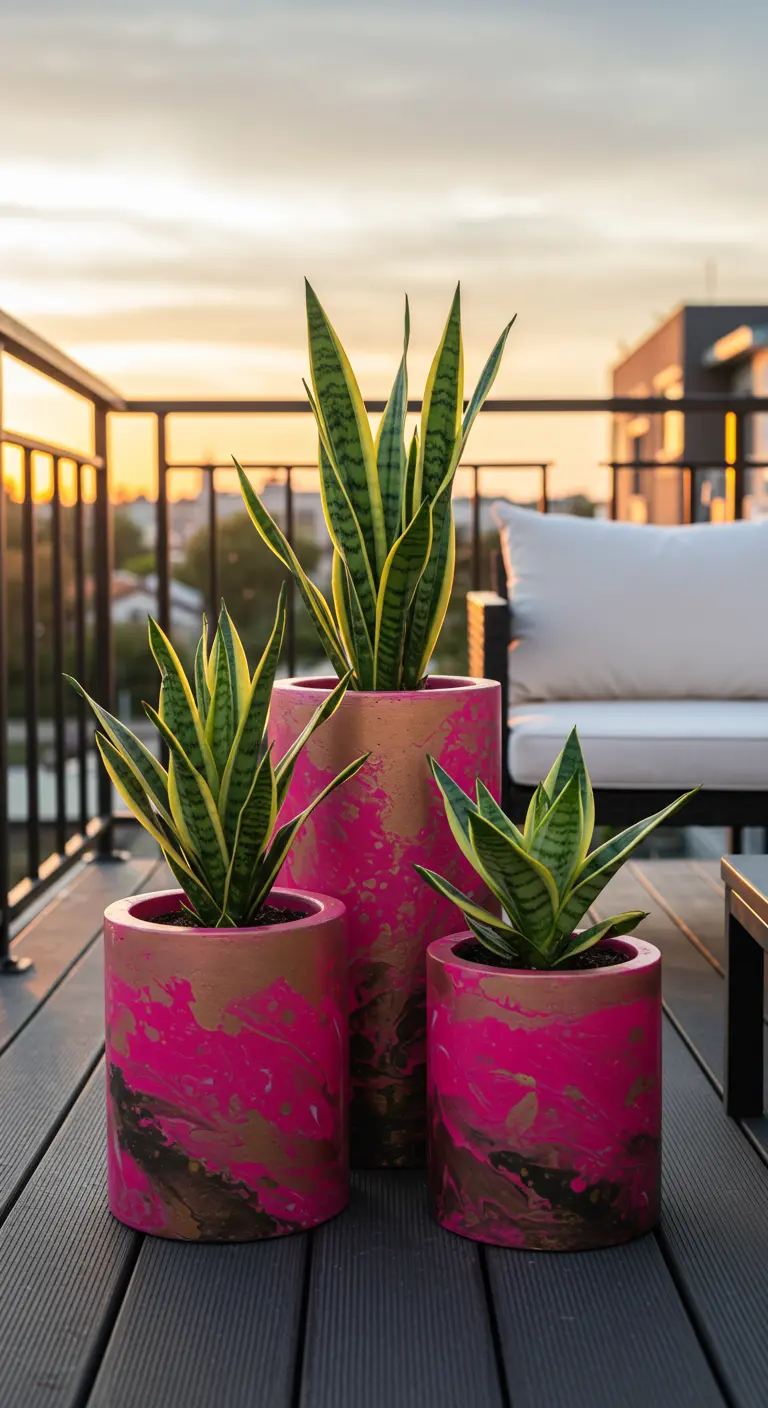 Three pink and gold marbled planters with snake plants on a rooftop deck at sunset.