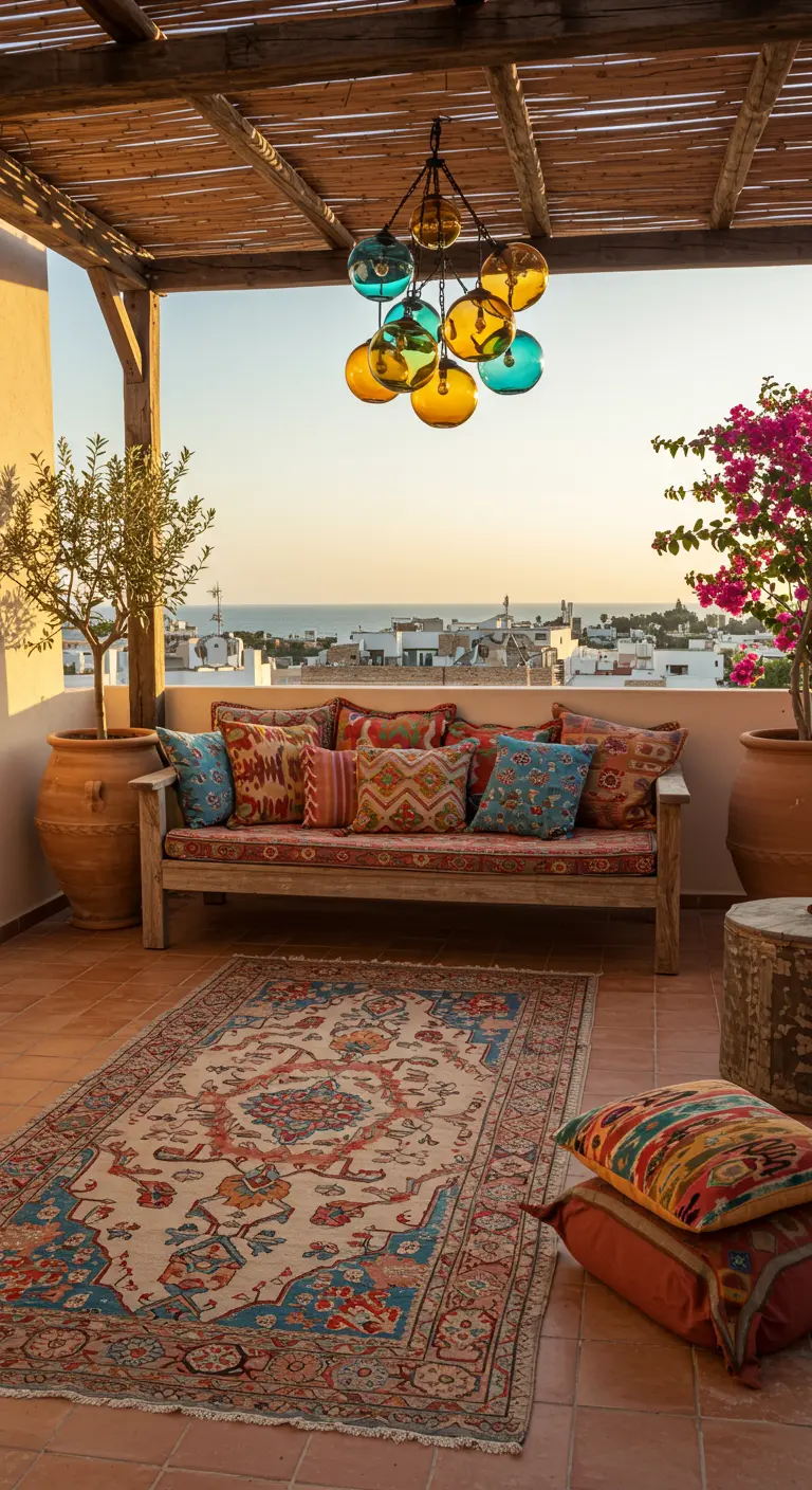 Rooftop balcony with a wood sofa, colorful pillows, vintage rug, and hanging glass lanterns.