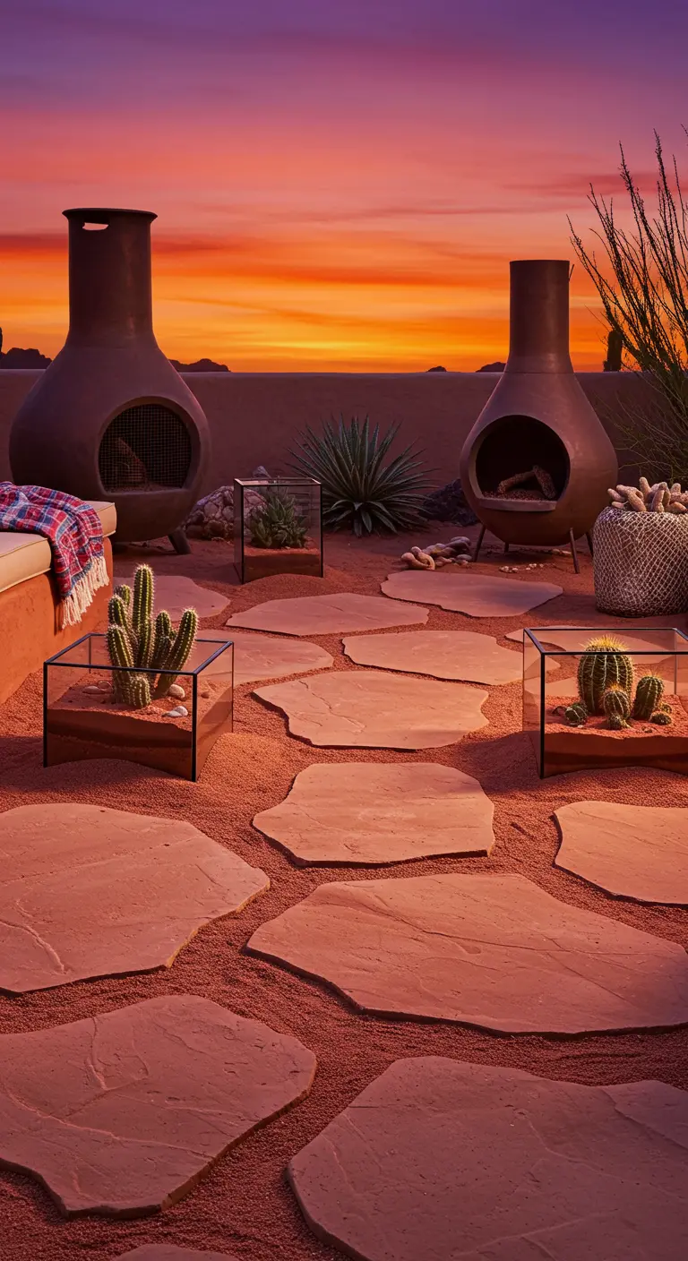 A desert patio at sunset with reddish flagstones, cacti in terrariums, and chimineas.