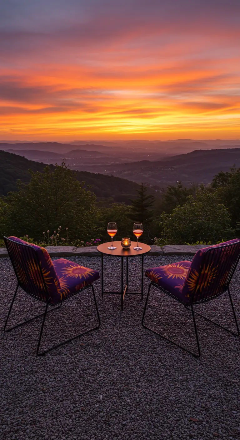 Two wireframe chairs with purple and orange cushions overlooking a dramatic sunset over mountains.