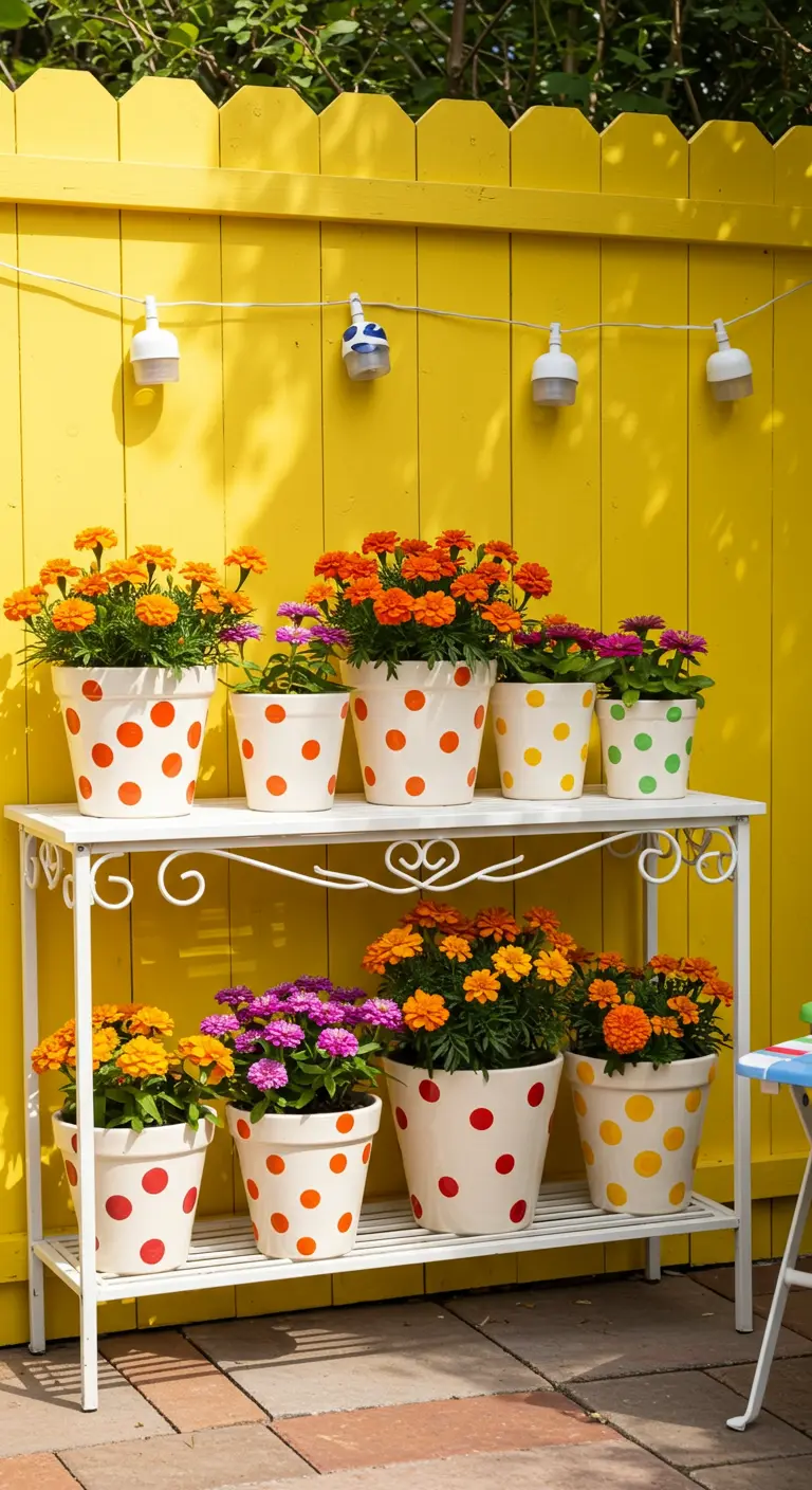 Colorful polka-dot planters with marigolds and zinnias against a yellow fence.