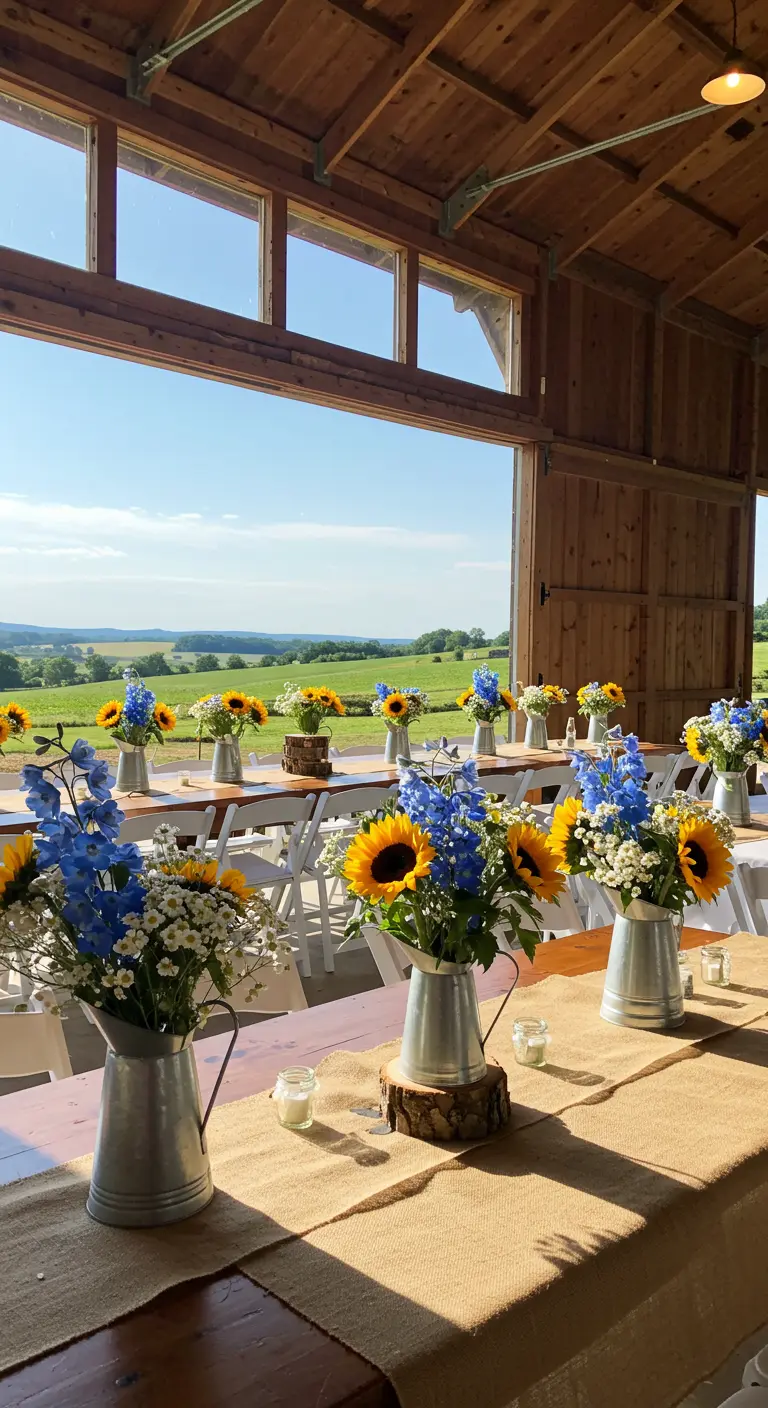 Metal pitchers with sunflowers and blue flowers on a burlap runner.