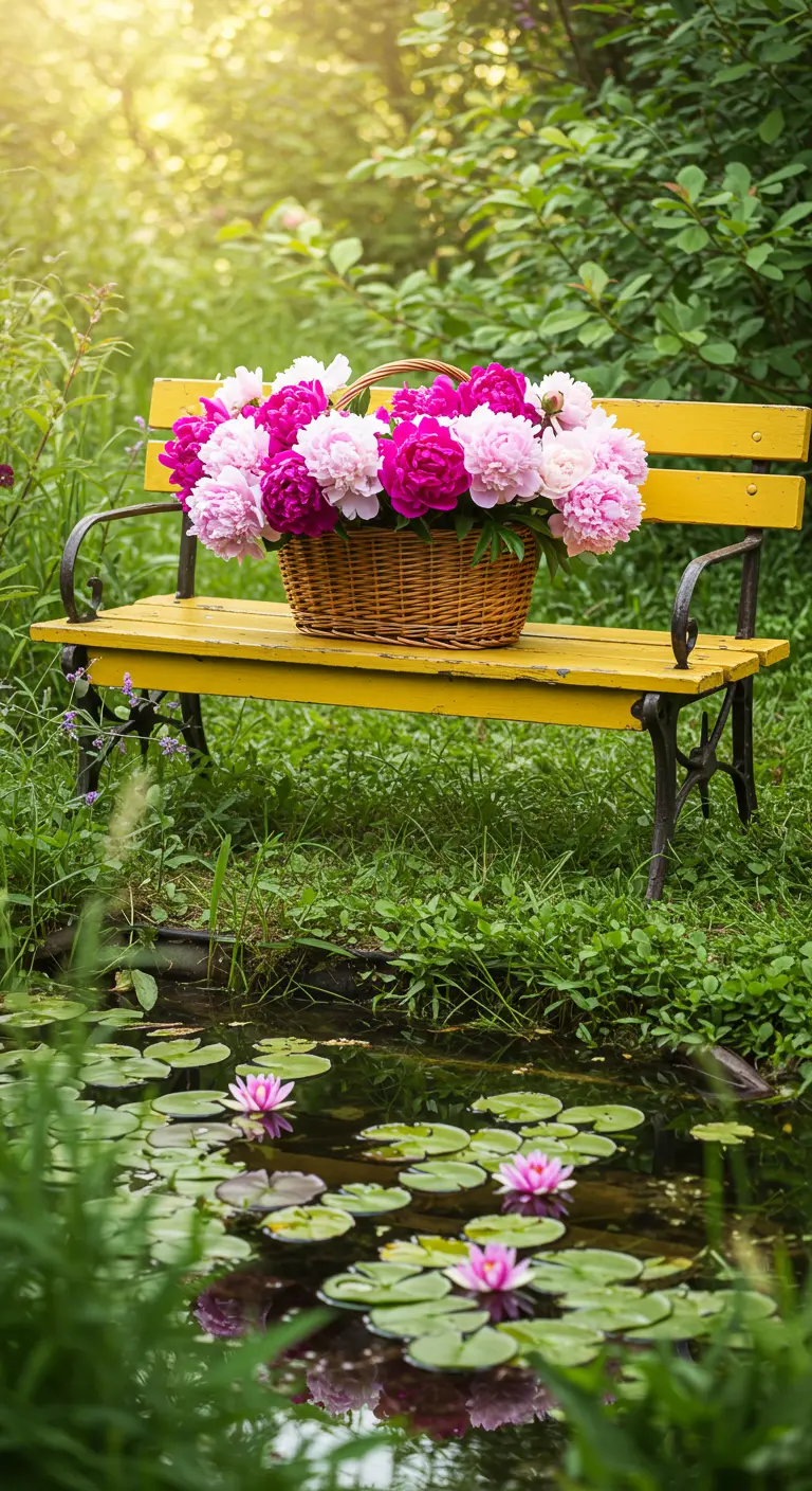 A bright yellow bench with a basket of peonies beside a lily pond.
