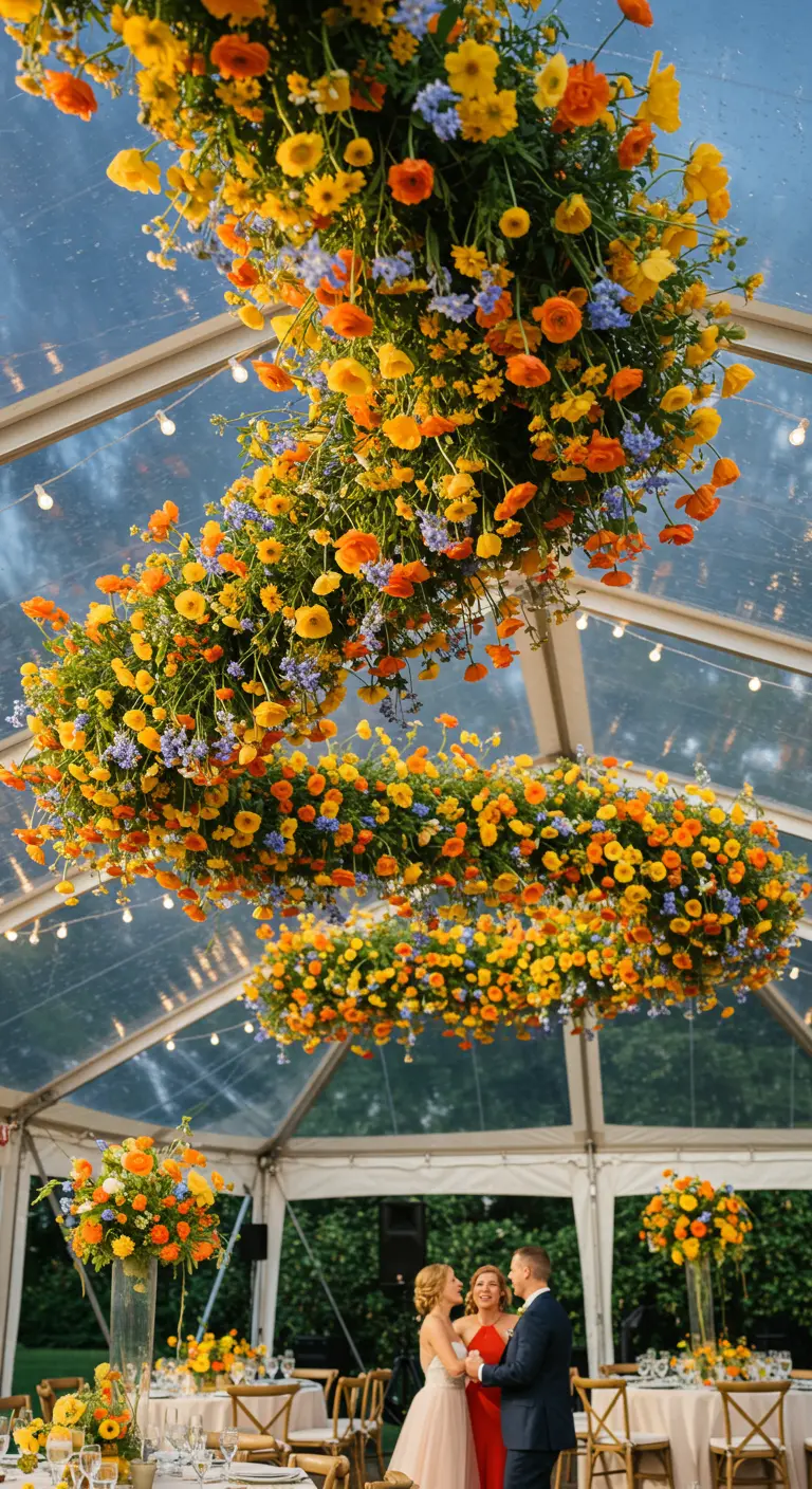 A vibrant hanging floral installation of orange and yellow flowers in a wedding tent.