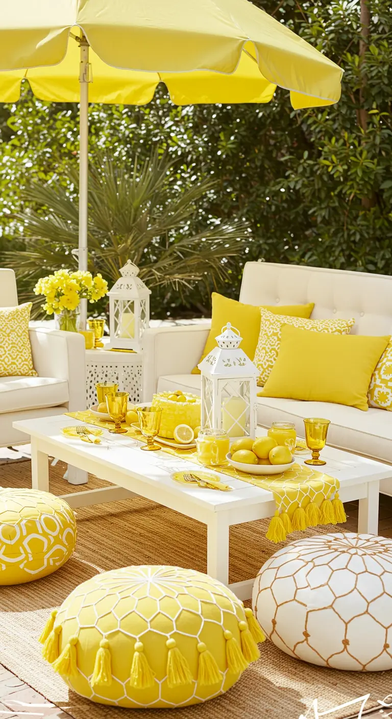 A bright, sunny party setup with yellow pillows, yellow poufs, and white lanterns.