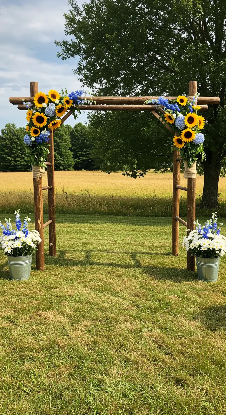 A rustic ladder arch decorated with sunflowers and blue hydrangeas in a country field.