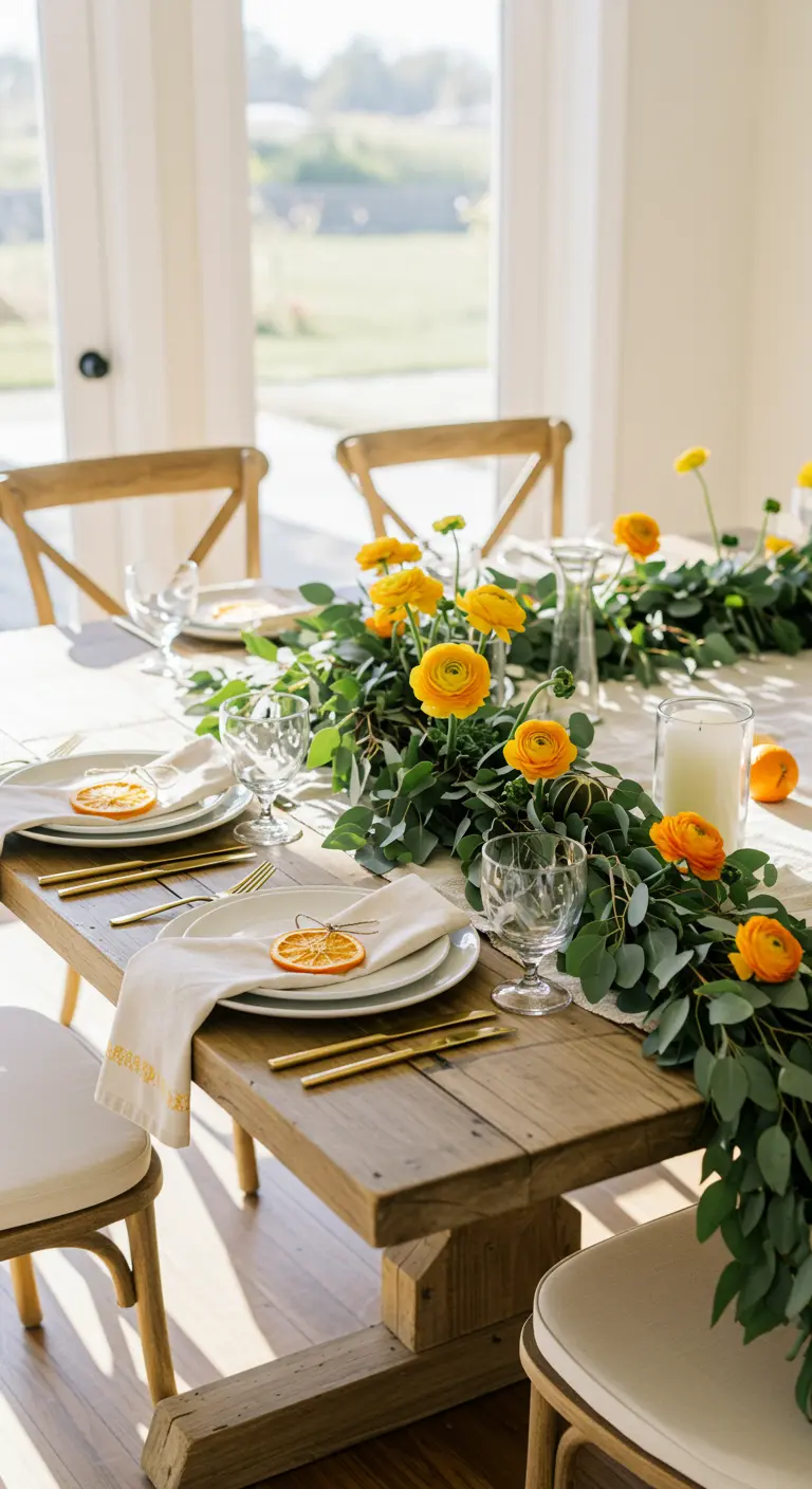 Rustic wood table with a eucalyptus runner, yellow flowers, and dried orange slice on a napkin.