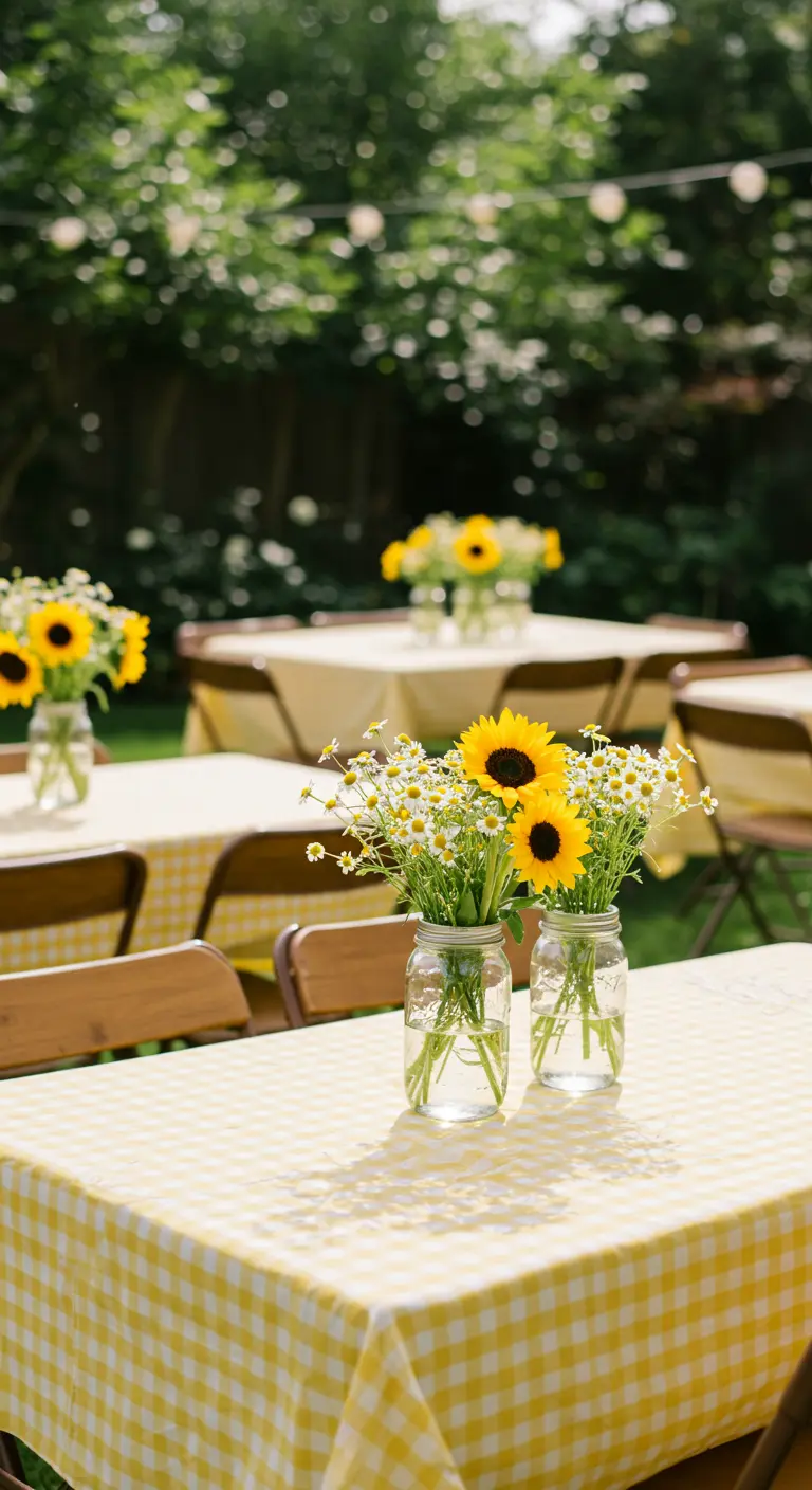 A table with a yellow gingham tablecloth, featuring Mason jars filled with sunflowers and chamomile.