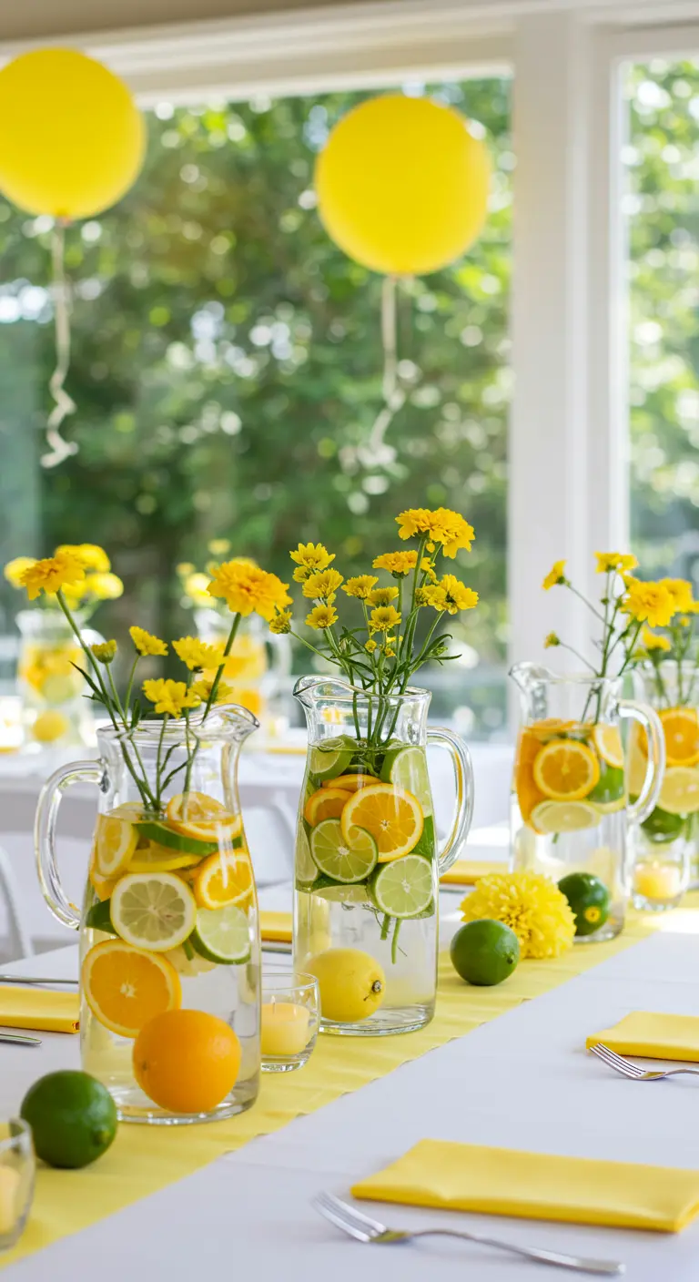 Glass pitchers filled with sliced citrus, water, and yellow flowers on a sunny table.