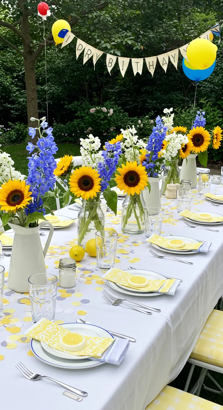 Cheerful tablescape with sunflowers, lemons, and a 