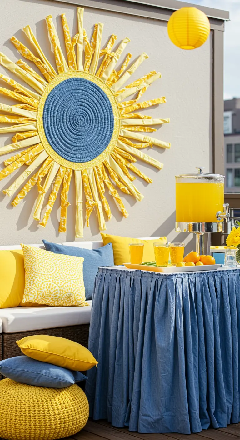 A large sun decoration made from yellow and blue fabric on a wall.
