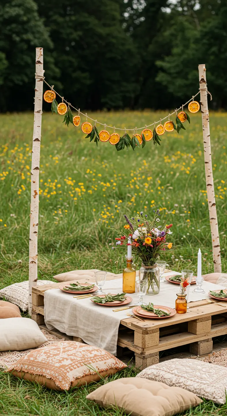 Picnic setting with a dried orange slice garland on birch poles.