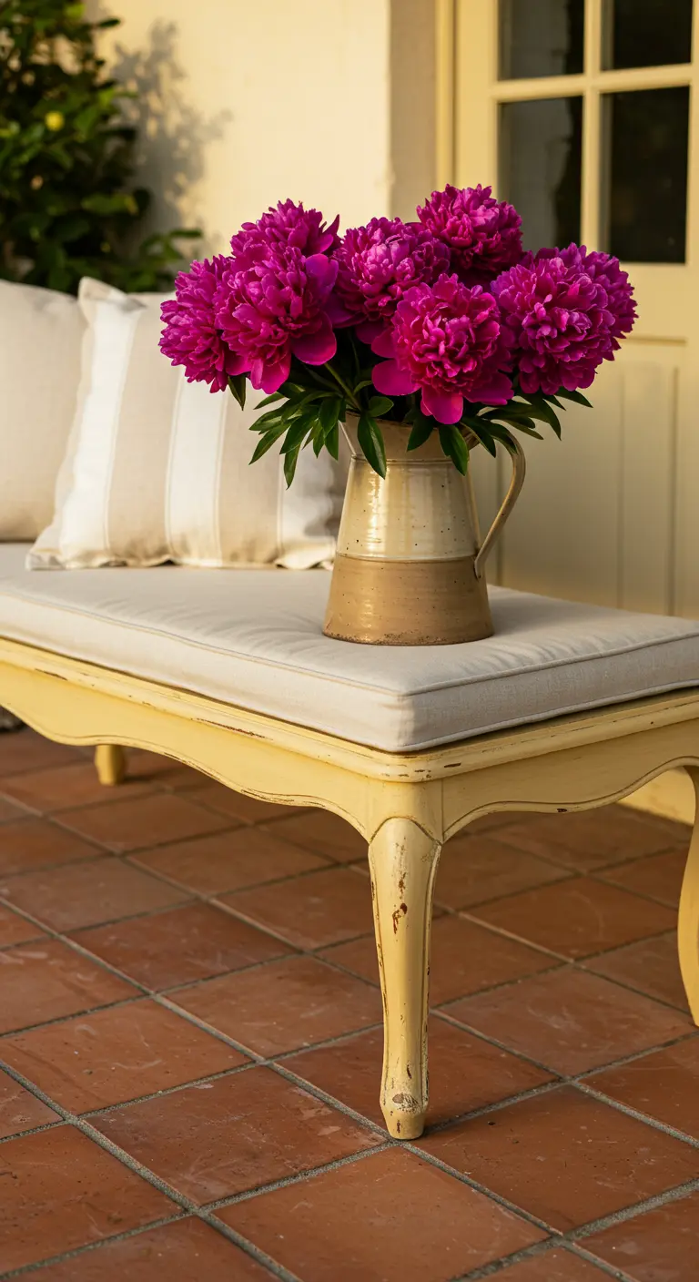 Pale yellow bench with a cream cushion and magenta peonies in a pitcher.
