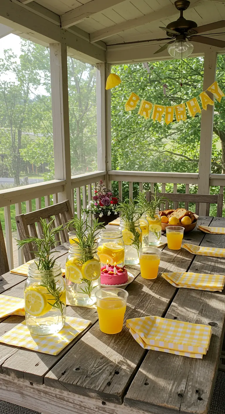 Rustic table set with mason jars filled with lemon slices and rosemary.