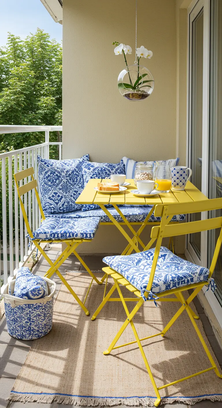A sunny balcony with a yellow bistro set and blue-and-white patterned cushions.
