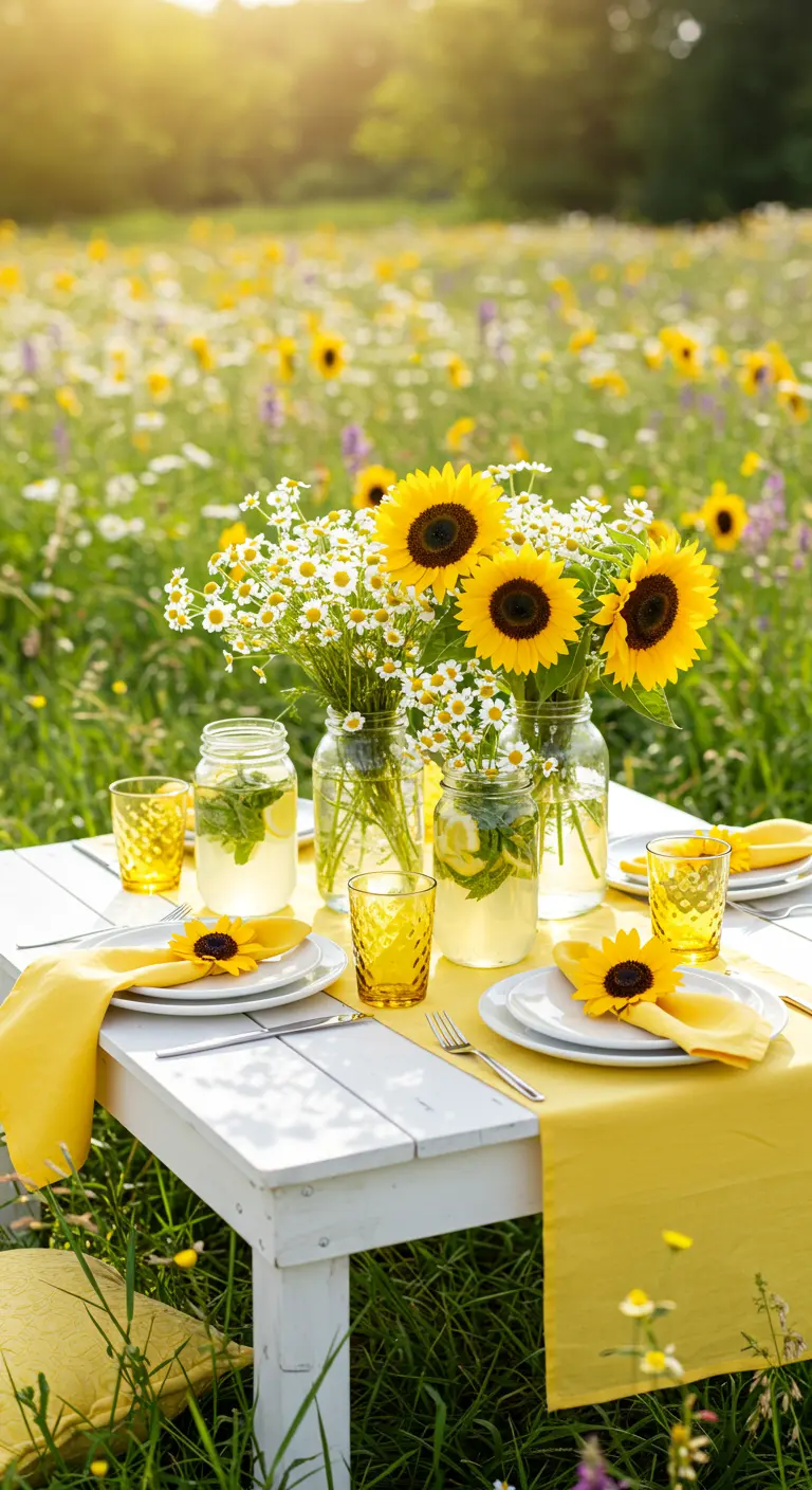 A cheerful picnic table in a sunflower field with yellow accents and mason jar bouquets.
