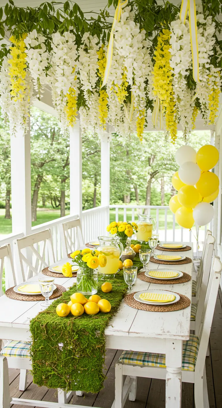 Bright porch party tablescape with a moss runner, lemons, and yellow and white wisteria overhead.
