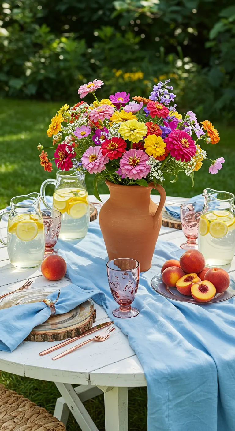 An outdoor table set with a bright bouquet of zinnias, peaches, and lemonade.