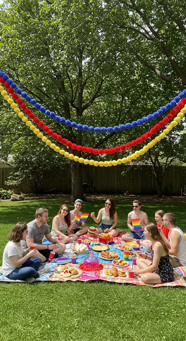 Three thick, layered pom-pom garlands in red, blue, and yellow hang over a group having a picnic.