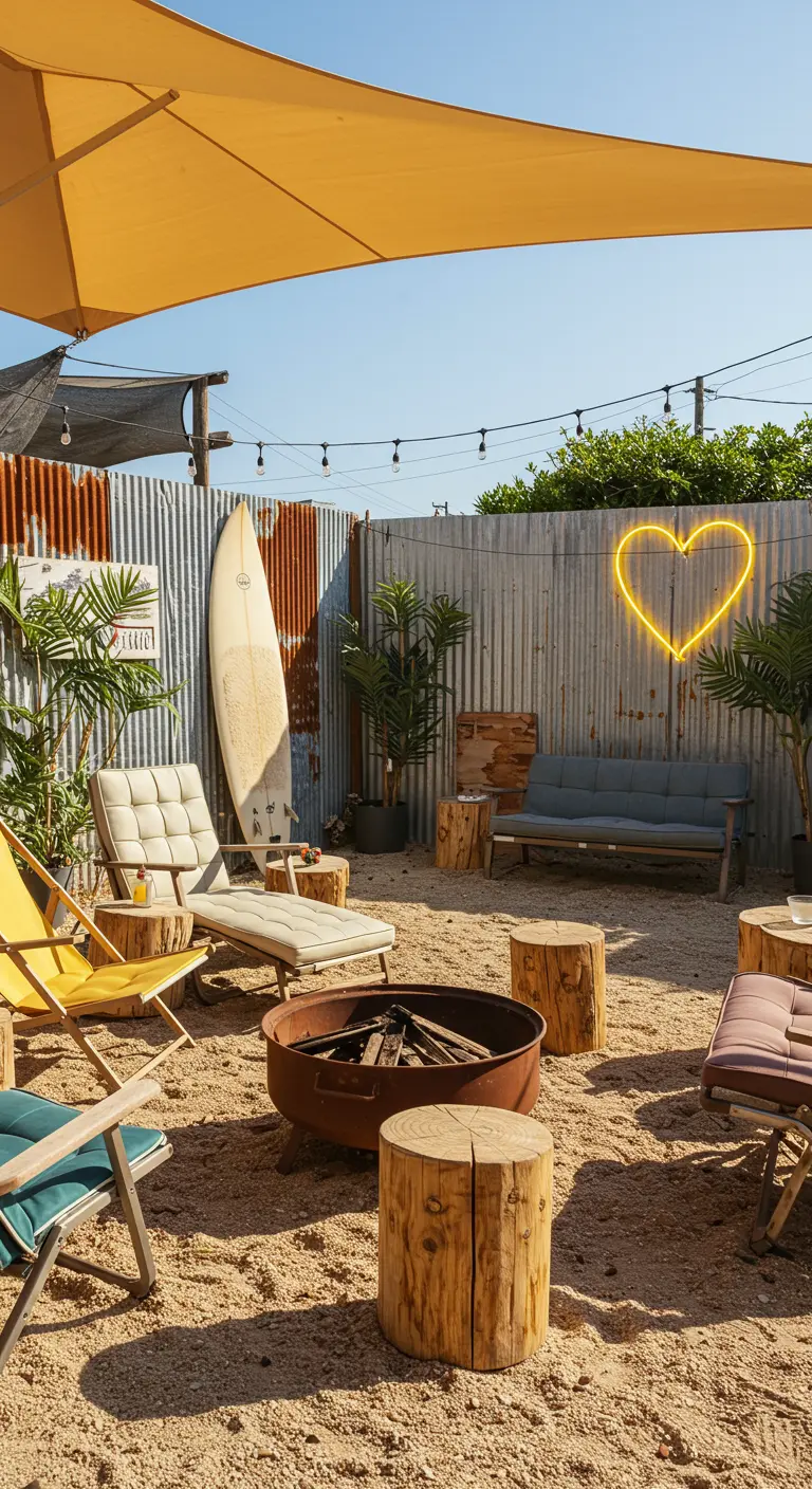 A sandy backyard patio with a yellow neon heart, fire pit, and a surfboard.