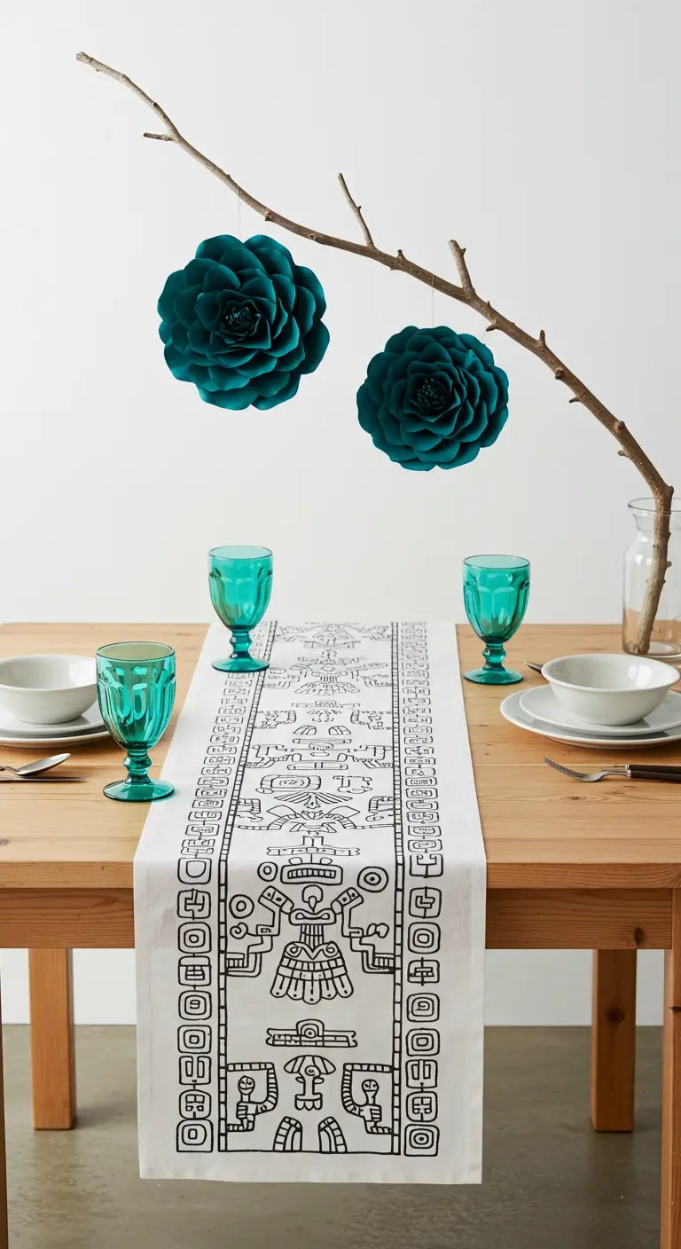 A minimalist table with a graphic runner, where a branch with hanging paper flowers is suspended overhead.