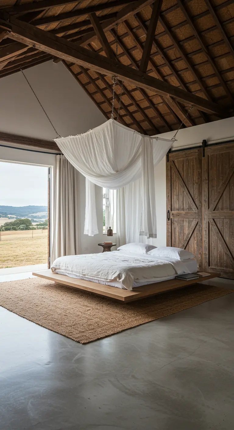 Bedroom with a floating platform bed and a white linen canopy suspended from the ceiling.
