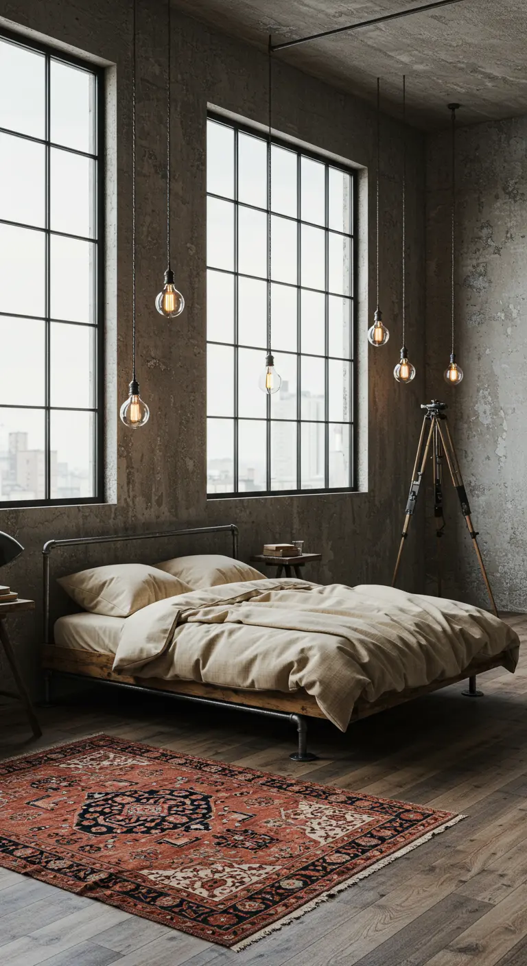 An industrial bedroom with concrete walls and multiple Edison bulbs hanging from the ceiling.