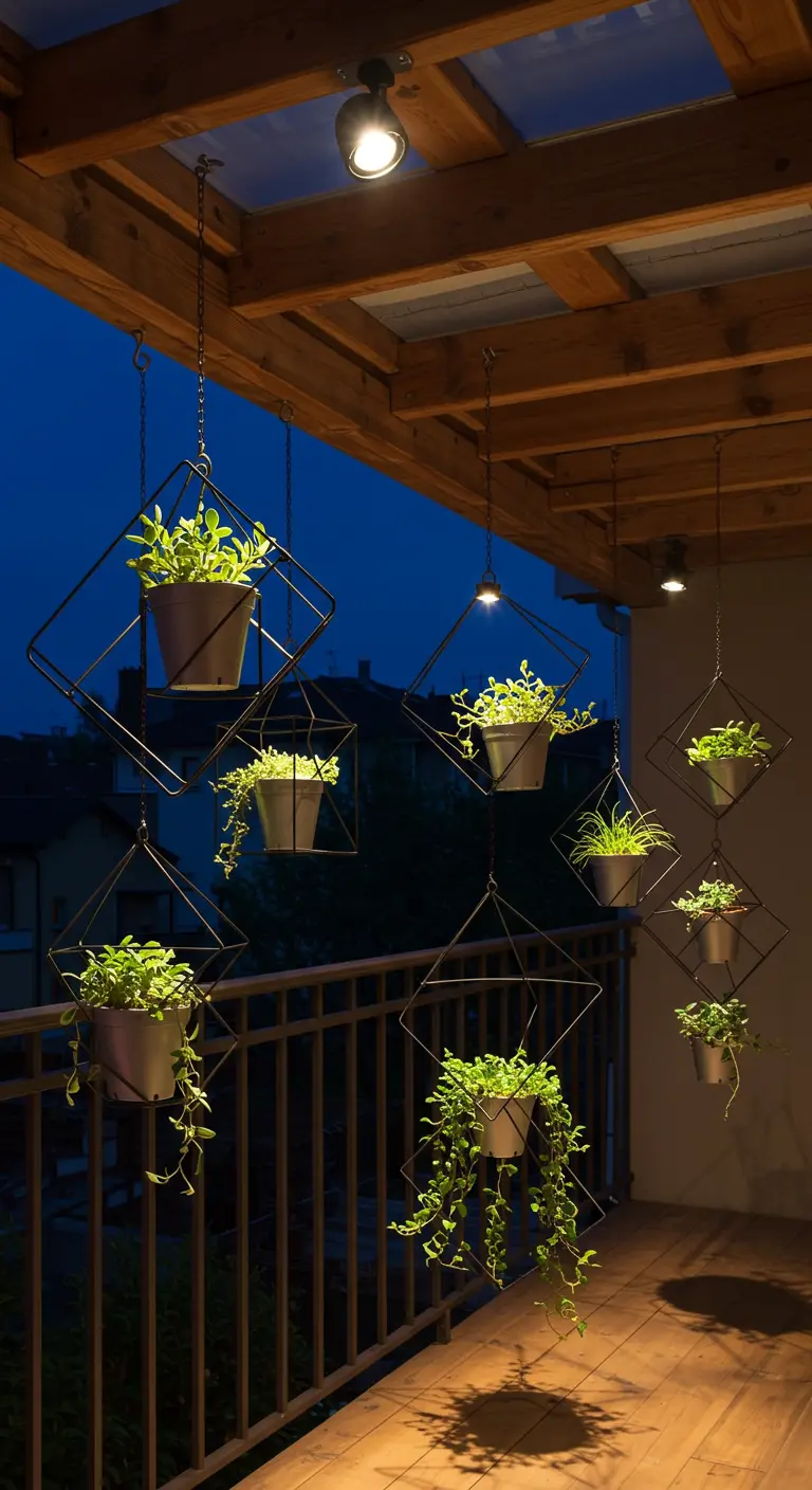 Multiple planters in diamond-shaped metal frames hanging from a ceiling, lit by spotlights.