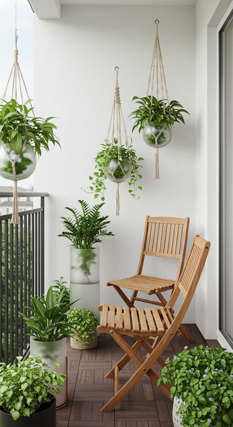 A white balcony with multiple hanging glass planters and frosted floor planters.