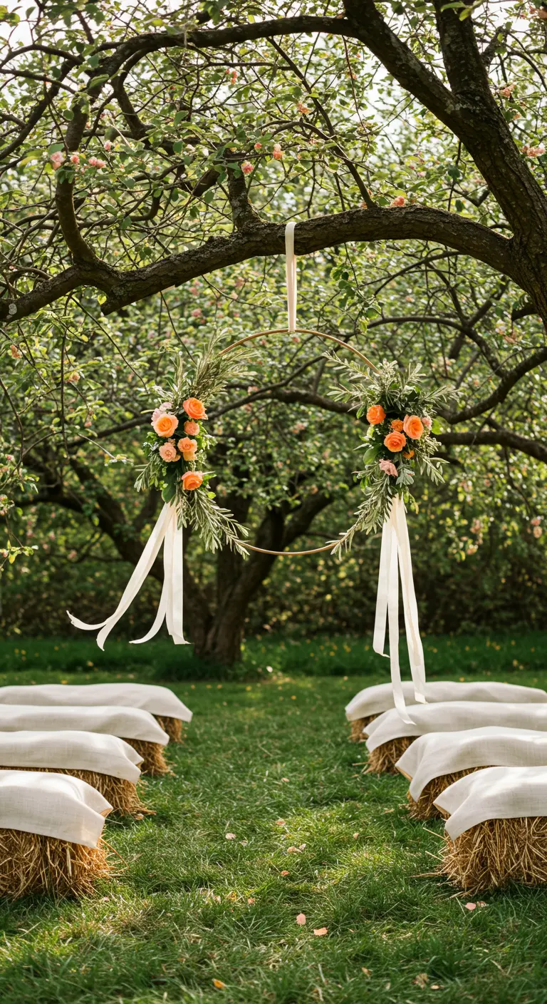 A floral hoop with long ribbons hanging from a tree in an orchard.