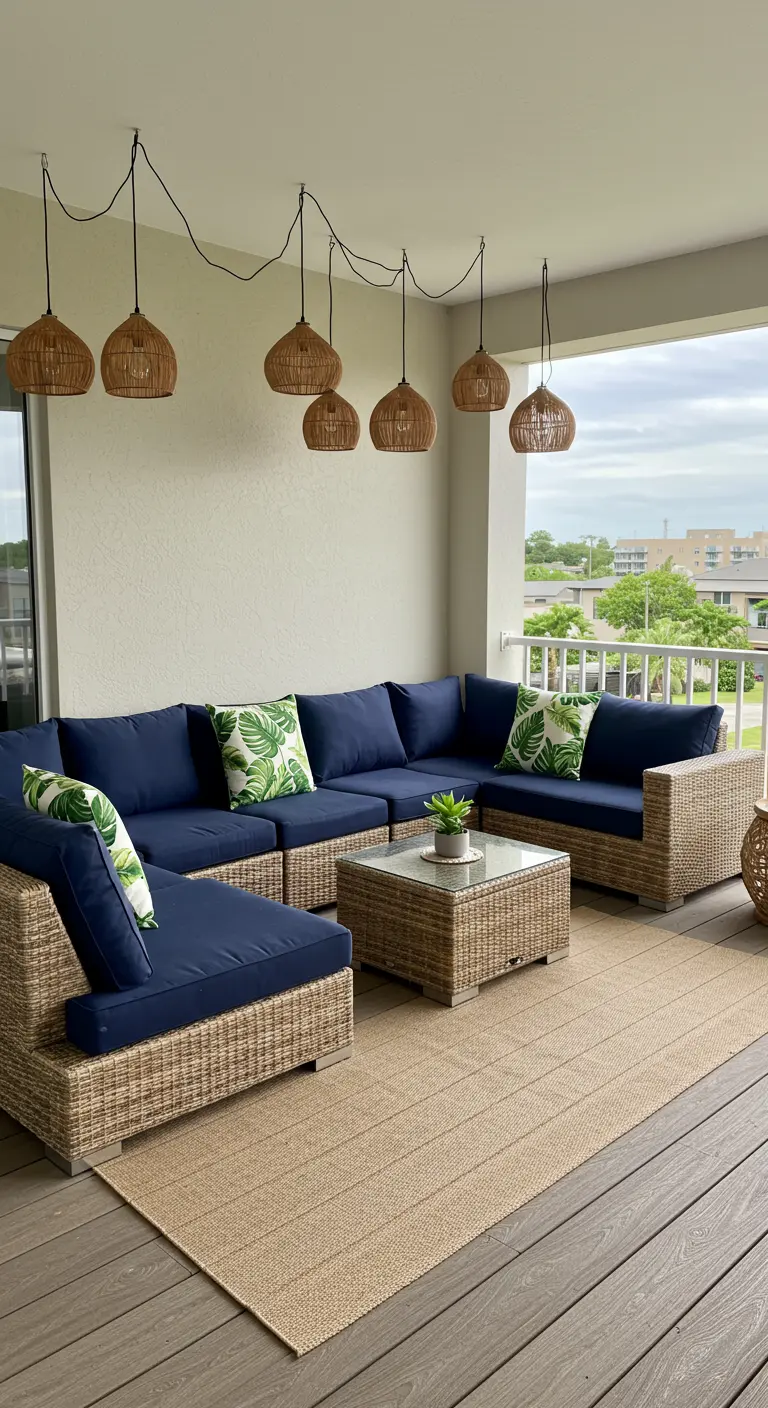 A cluster of rattan pendant lights swagged from the ceiling over a sectional sofa.