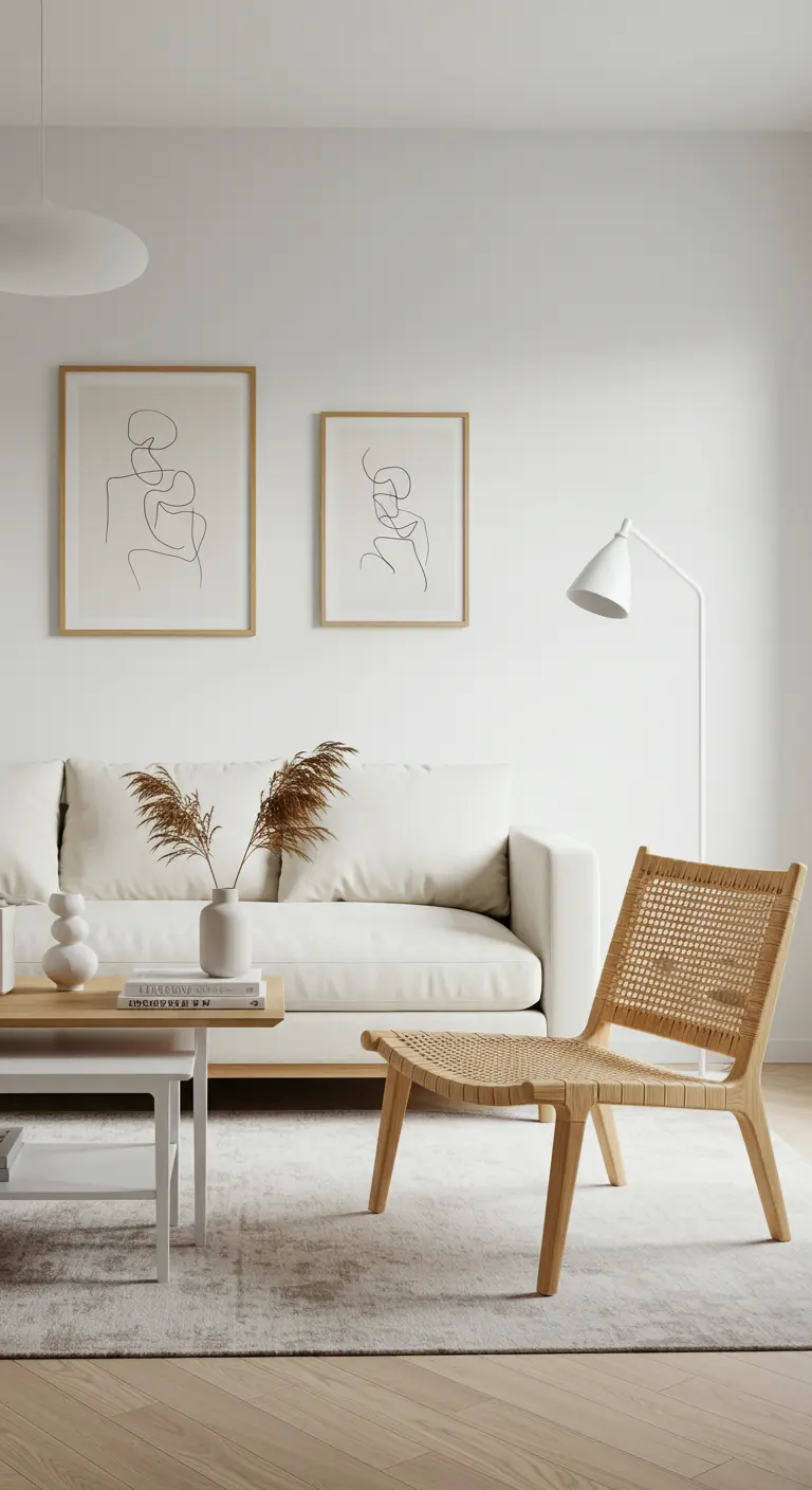 A light oak chair with a woven rattan seat next to a white sofa with minimal line art above.