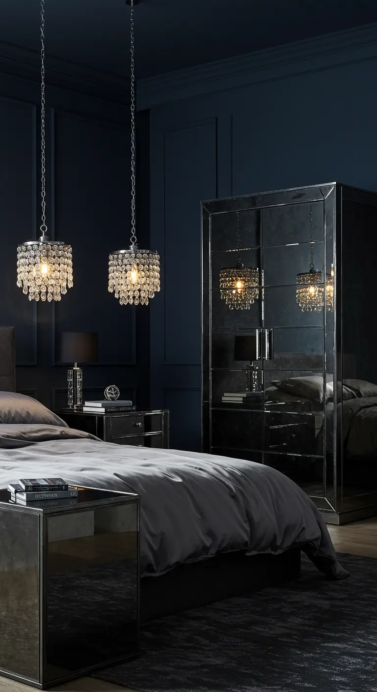 Moody dark blue bedroom with crystal pendant lights hanging over mirrored nightstands.