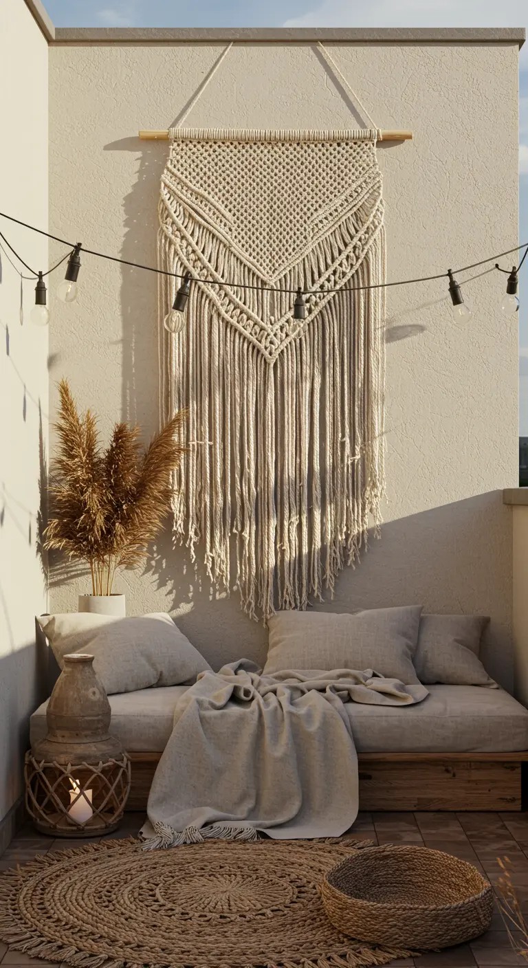 A simple outdoor daybed with a large macramé wall hanging on the wall behind it.