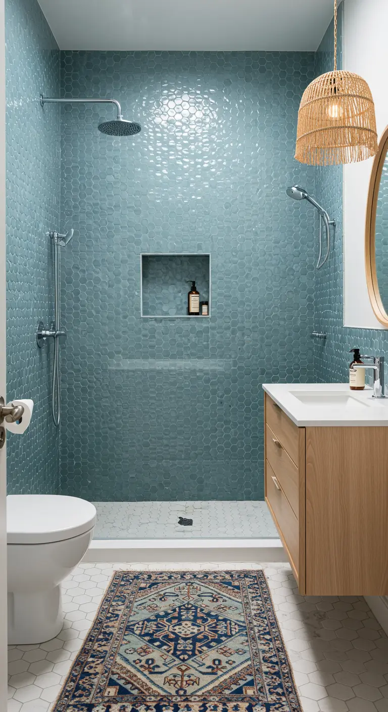 Bathroom with blue hexagon shower tile and a colorful vintage runner.
