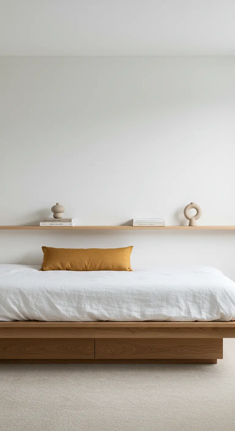 Minimalist bedroom with a low wood bed and a long floating shelf instead of nightstands.
