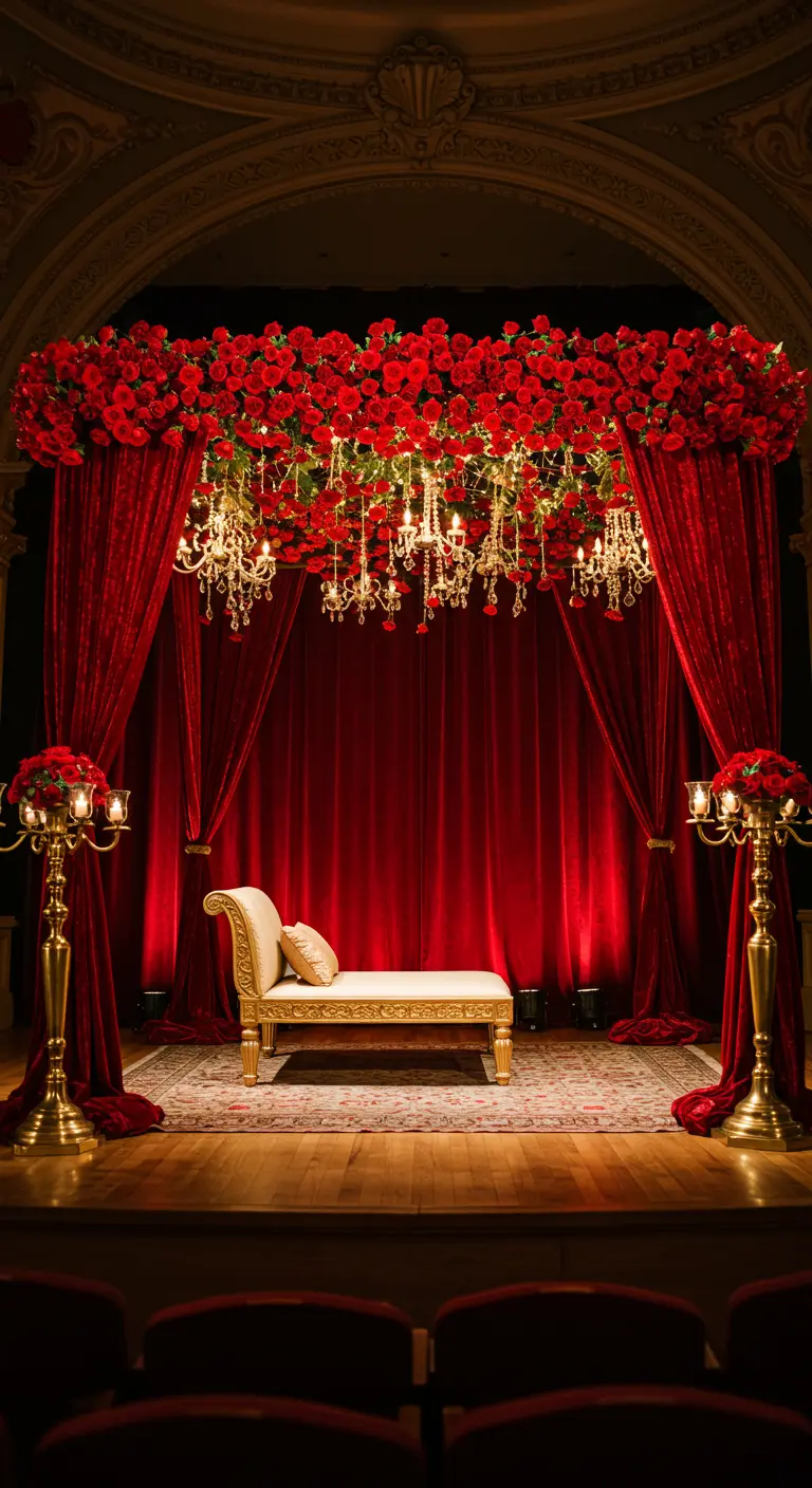 A dramatic stage with a canopy of red roses, red velvet curtains, and gold chandeliers.