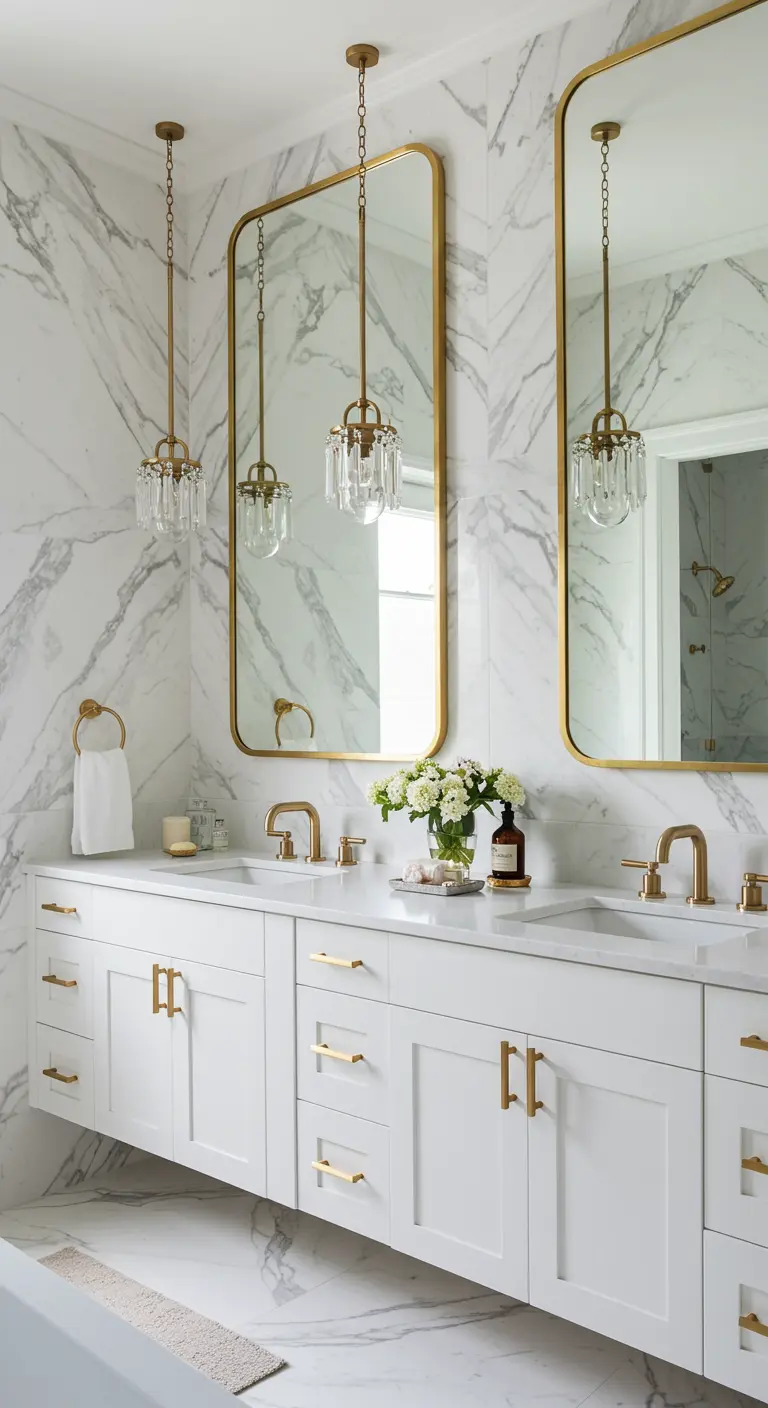 Double vanity bathroom with marble walls, gold-framed mirrors, and hanging crystal pendants.