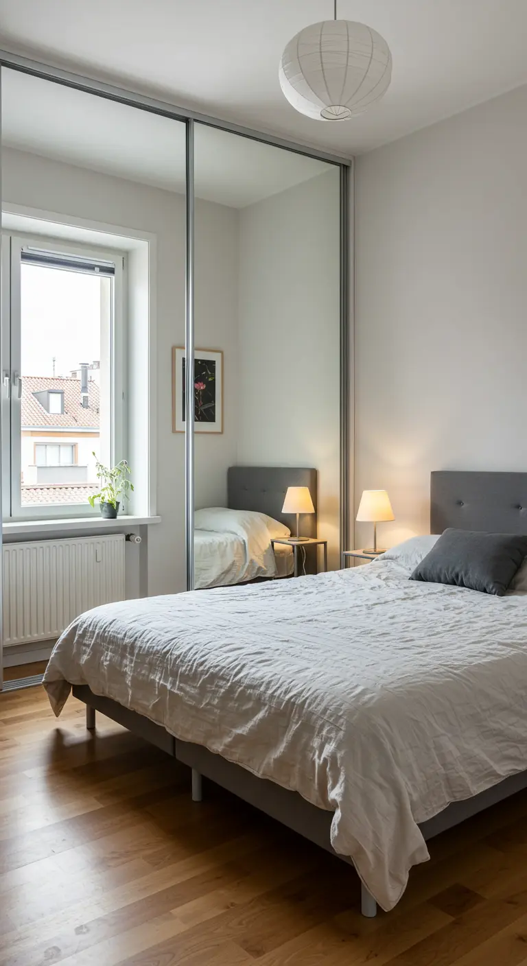 Mirrored sliding closet doors in a small bedroom reflecting the bed and window.