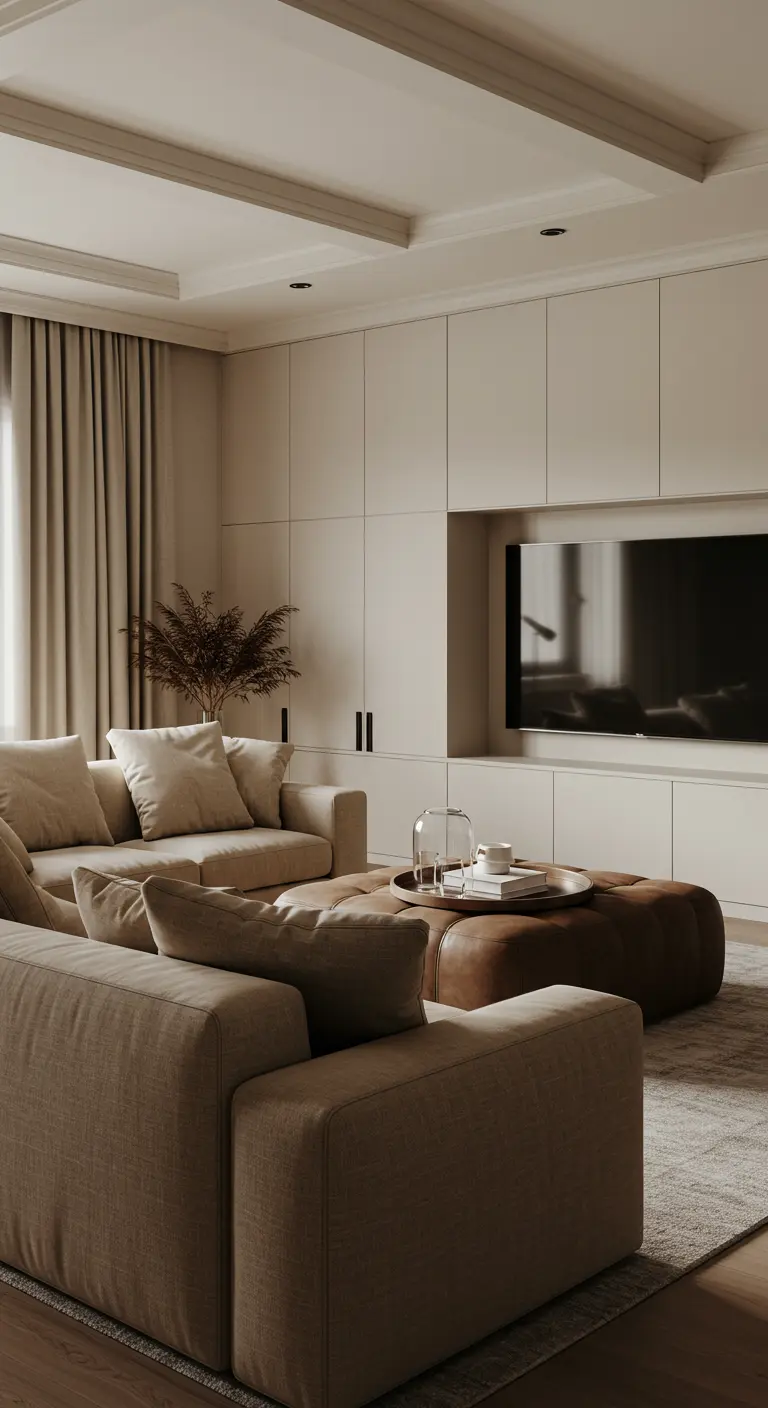 Neutral living room with a sectional sofa and a large brown leather ottoman.