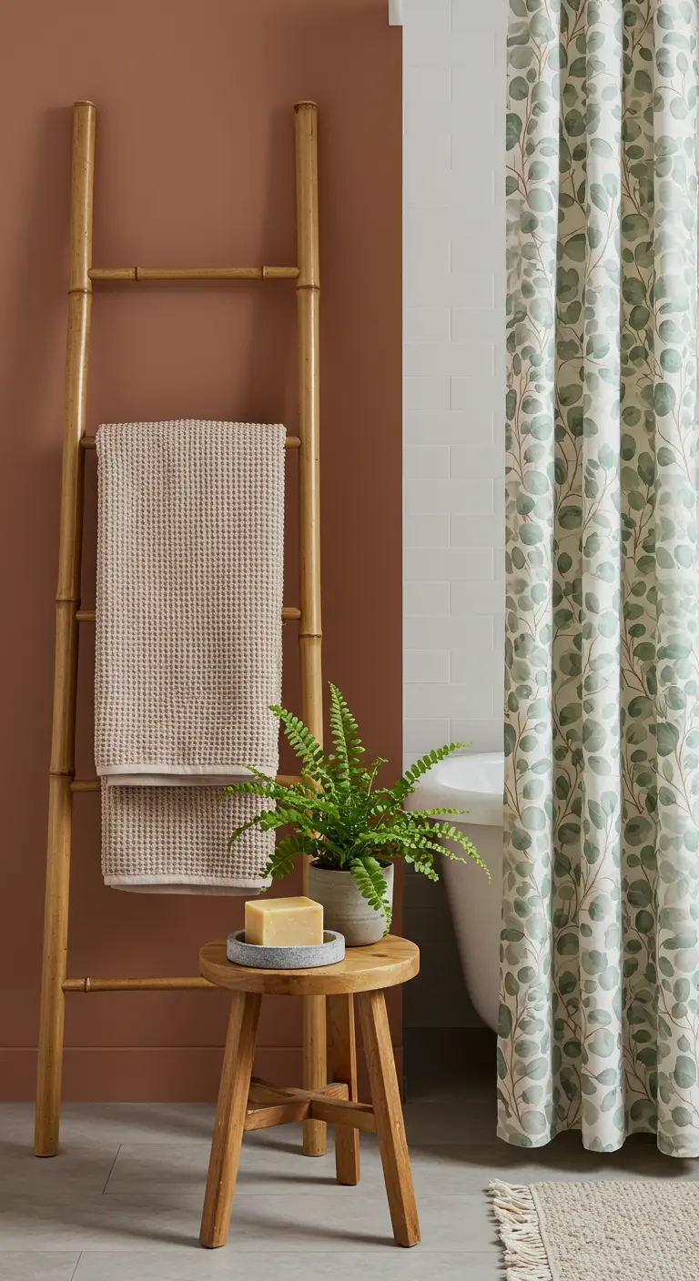 A bathroom with a bamboo ladder holding towels, next to a small wooden stool and a fern.