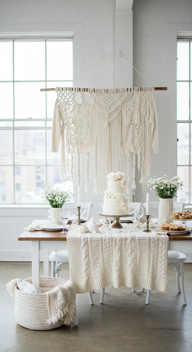 White cable-knit sweaters used as a table runner and wall hanging for a party.